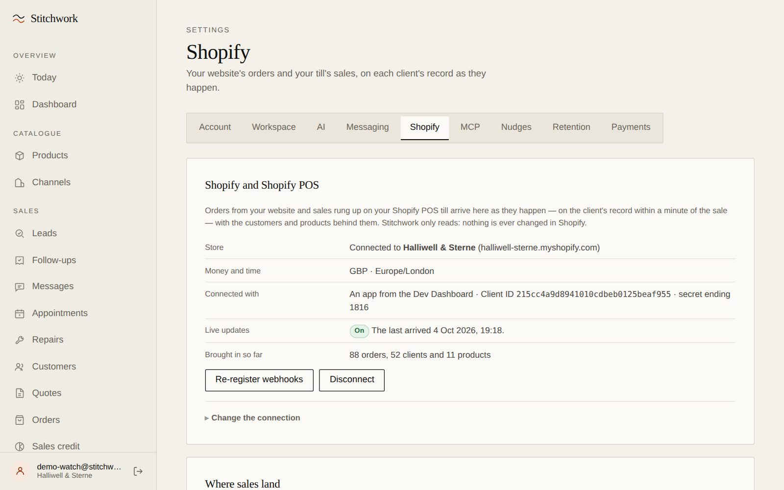 Stitchwork's Shopify settings: connected, live updates on, and the orders, clients and products brought in