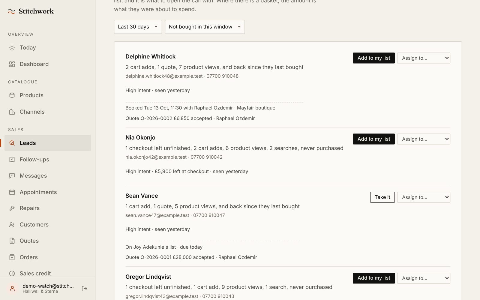 Shopping now on the Leads screen: Delphine Whitlock's cart adds, quote and product views, and her appointment with Raphael