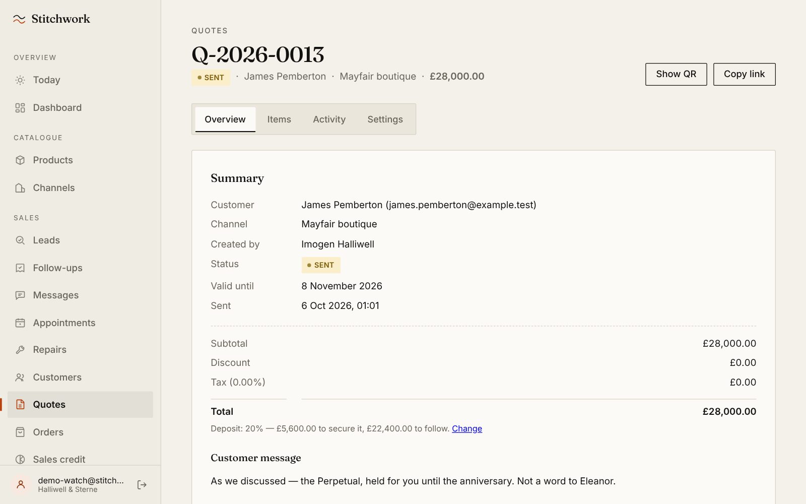 James Pemberton's quote for £28,000: a 20% deposit to secure it, the balance to follow, and a note to him