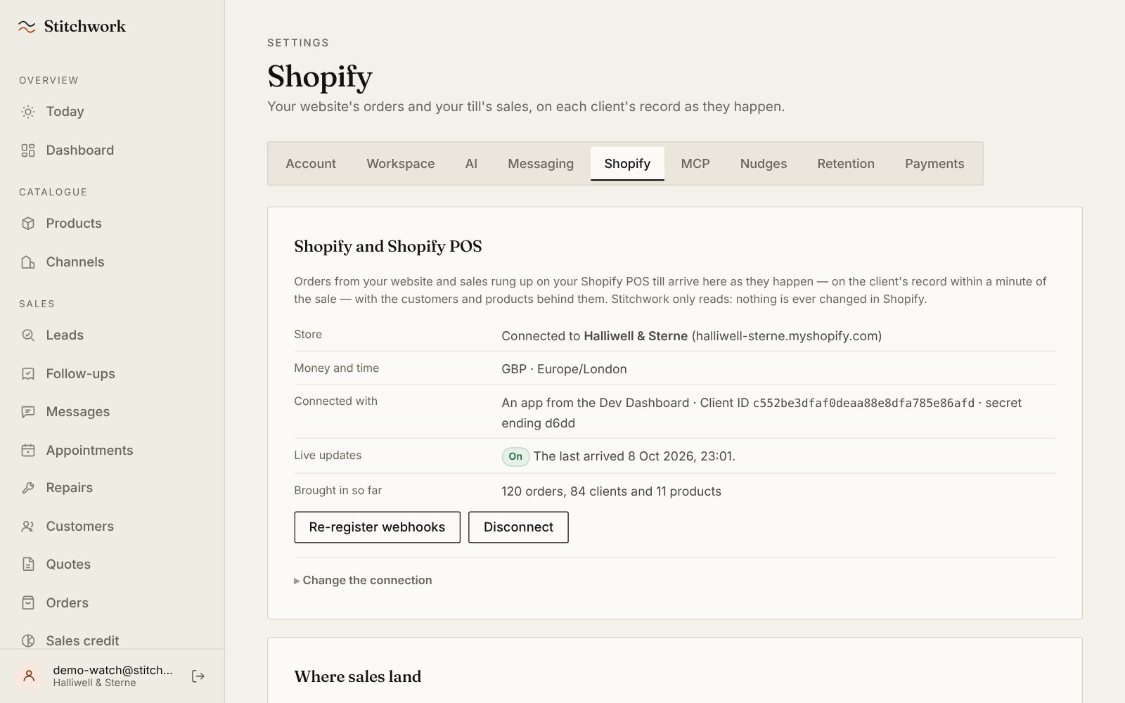The Shopify connection in Stitchwork's settings: connected, live updates on, and the orders, clients and products brought in so far