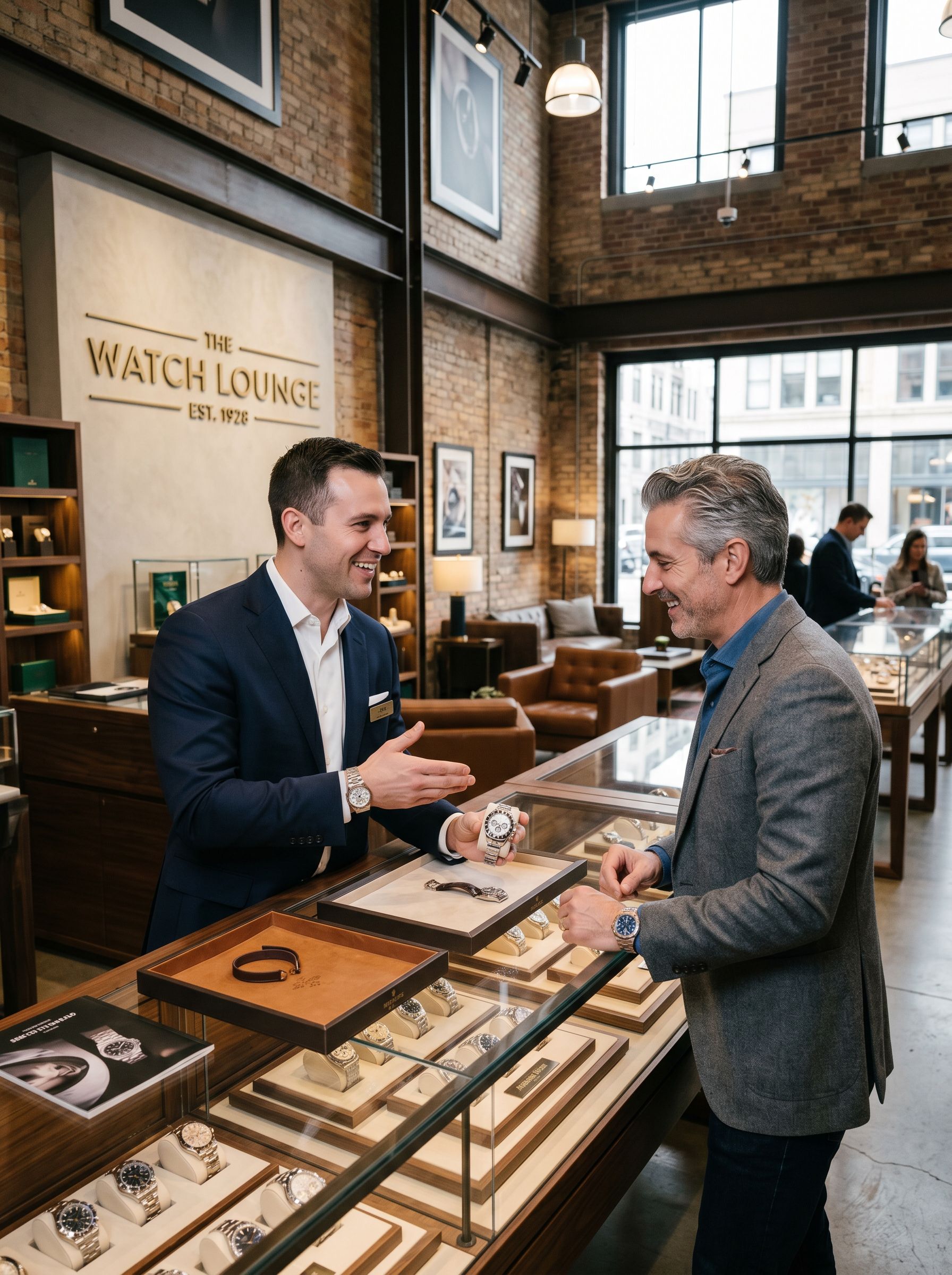 An associate showing a client a watch across the counter of a watch shop